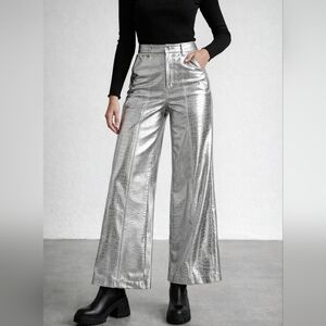 Anthropologie Avec Les Filles Silver Croc Faux Leather Metallic Wide Leg Pants 4